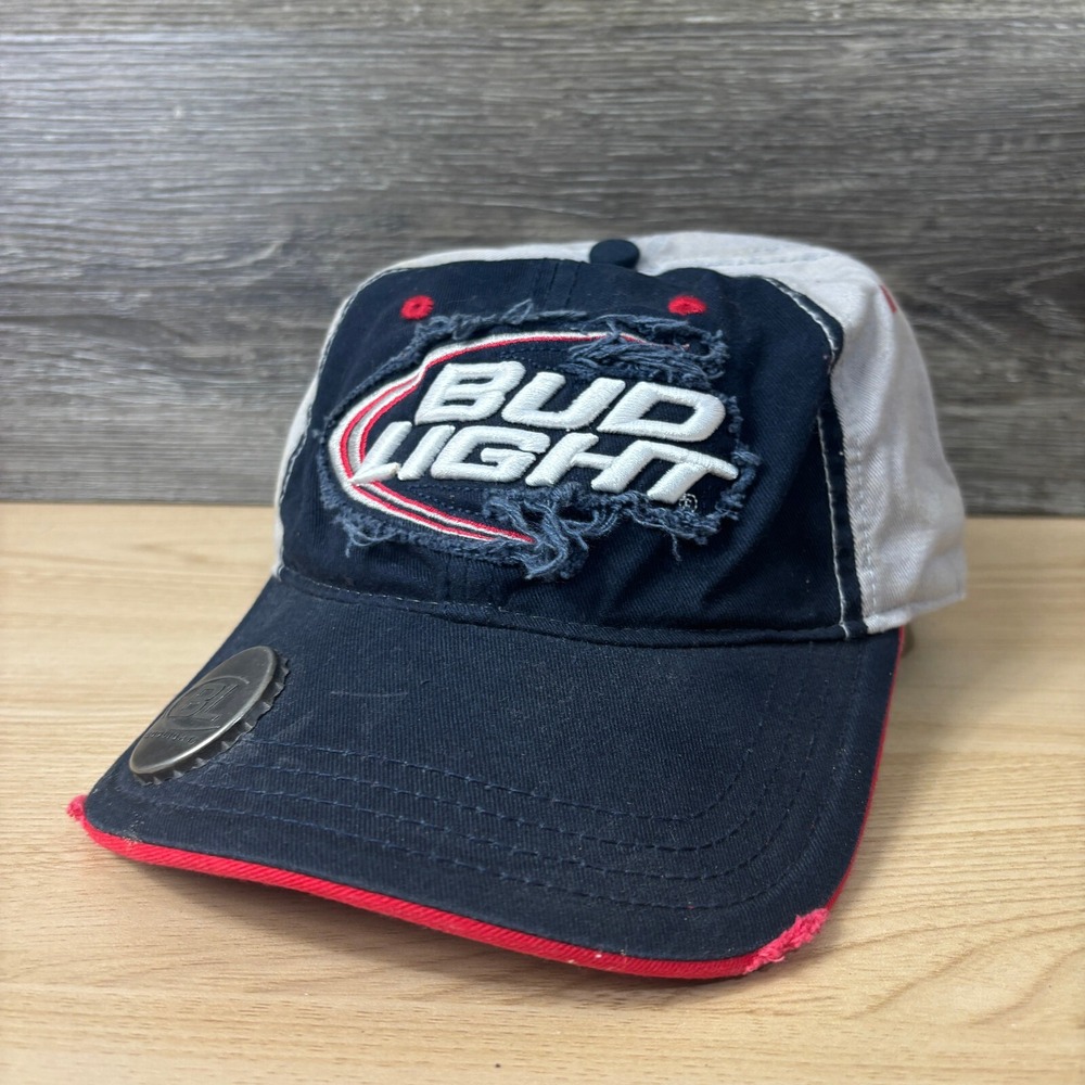 Bud Light Hat Cap Snapback Blue Beer Drinking Budweiser Distressed Bottle Opener